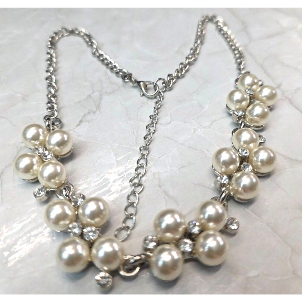 New Cluster Collar Statement Necklace Silver Tone Faux Pearl Rhinestones Wedding